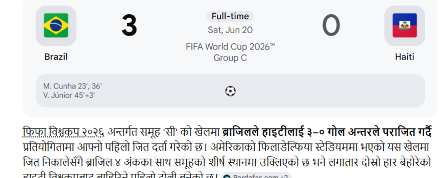 विश्वकप २०२६ : हाइटीमाथि ब्राजिलको फराकिलो जित, नकआउट चरण नजिक विश्वकप २०२६ : हाइटीमाथि ब्राजिलको फराकिलो जित, नकआउट चरण नजिक